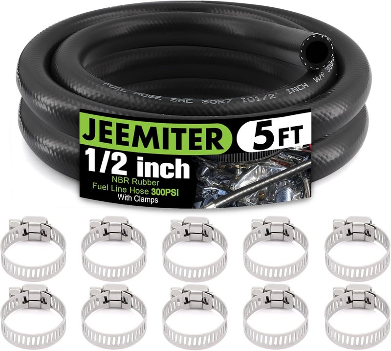 Jeemiter 1/2" ID (13mm) Fuel Line Hose 5FT - Heavy Duty SAE 30R7 NBR Rubber - Short Length High Flow Kit with 10 Clamps for Diesel Trucks, Marine, Tractor & Industrial Use - Image 1